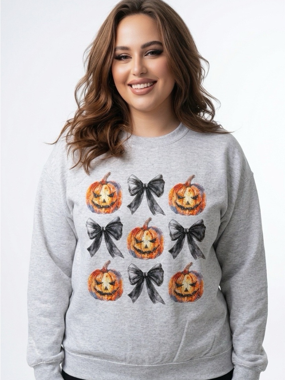 Women's Gray Halloween Pumpkin & Bow Graphic Sweatshirt
